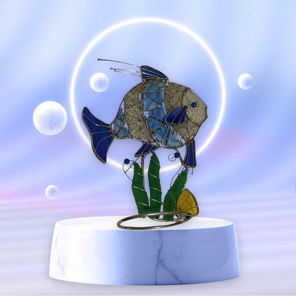 Multi-Colored Stained Glass Mosaic Fish Figurine/Art on Metal Stand - Picture 1 of 11